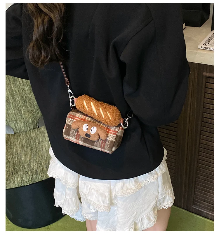 

Stylish Niche Mini Plaid Bag with Dog & Bread Decor, Women's Casual Versatile Earphone Coin Pouch