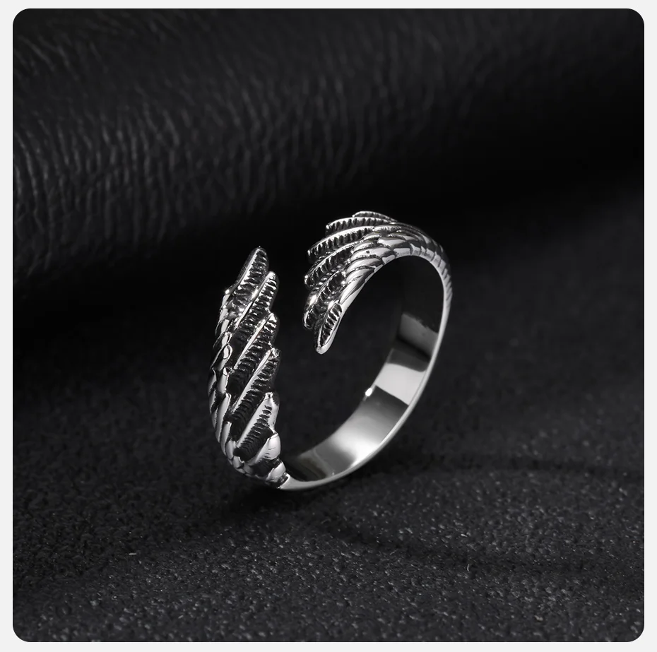 Vnox Herren Edelstahl Engelsflügel Offener Ring Retro Feder Verstellbarer Bandring Punk Vintage Fingerschmuck Geschenk für Ihn – Detail 5
