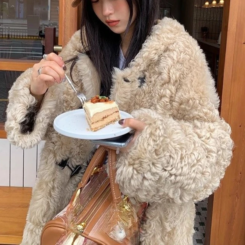 

Korean Horn Buckle Lamb Wool Coat Women's Winter Plus Wool Thickened Fur One Coat Furry Coat