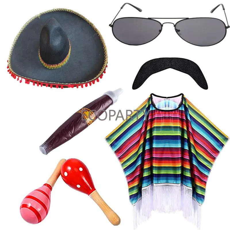 Chal mexicano capa de Halloween Cosplay fiesta de graduación Festival sombrero mexicano gafas de sol pipa de humo capa a rayas para niños adultos 6 piezas