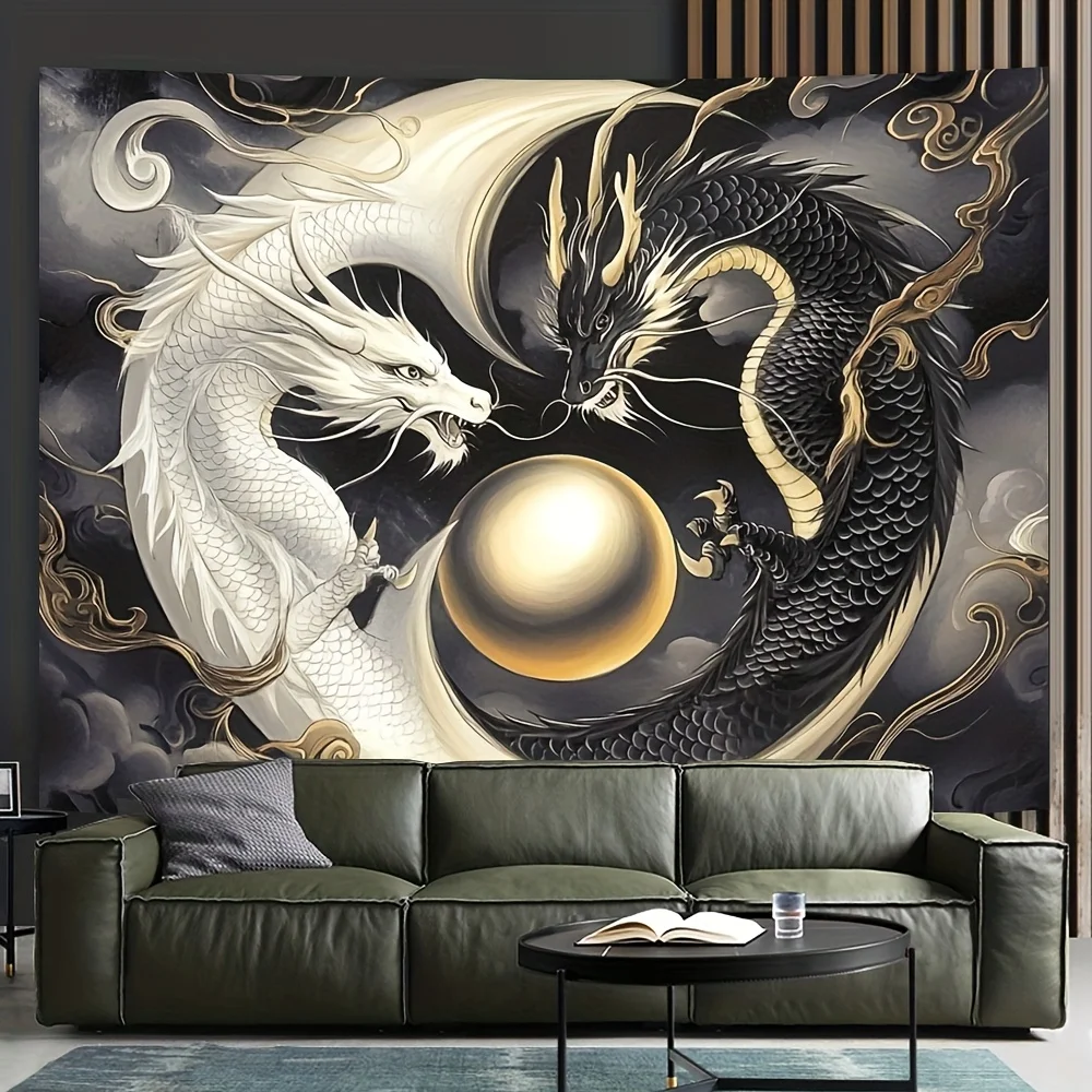 1pc Oriental Yin Yang dragon pattern tapestry, polyester fabric, machine washable, suitable for bedroom and living room