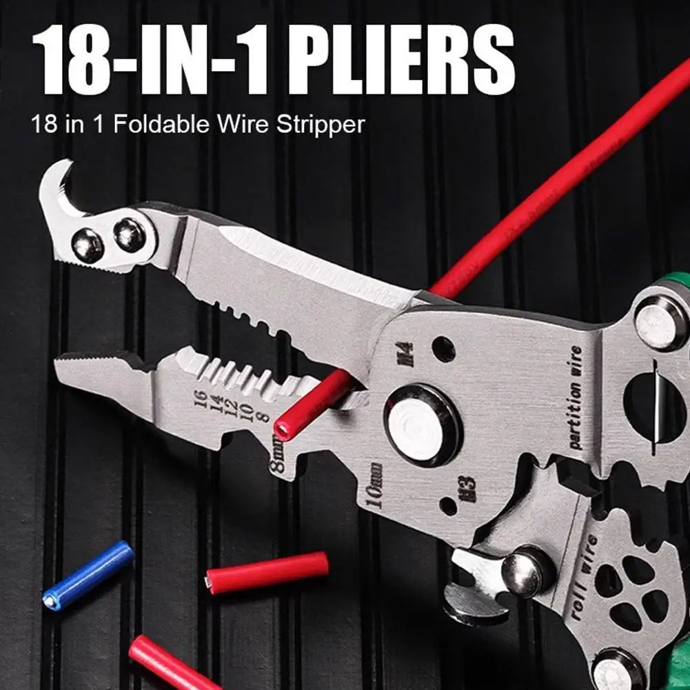 18 in 1 Foldable Wire Stripper Multifunctional Wire Stripper Crimper Cable Cutter Pliers Stainless Steel Wire Stripper Tool