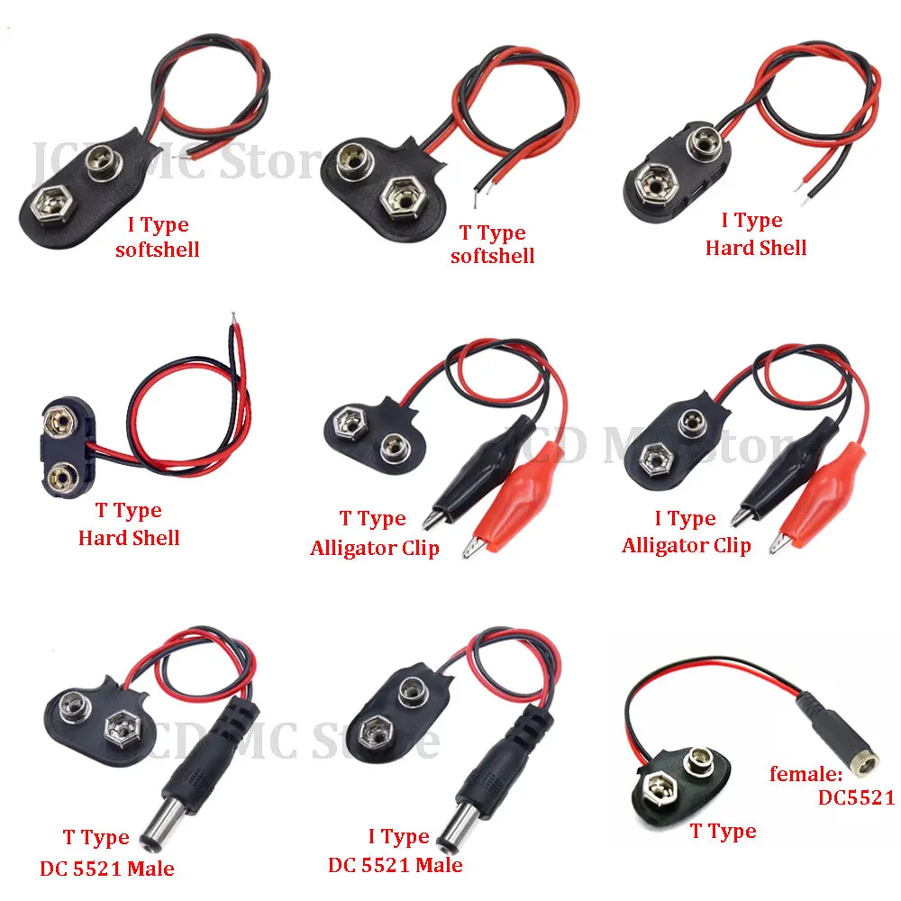 

9V Battery Connector Power Clips DC Jack Male Female Alligator Snap Adapter Wire Holder Cable With PH2.0/XH2.54 wire