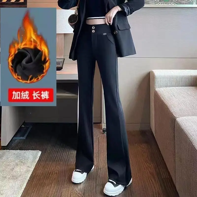 Autumn and winter new micro flared pants Korean version women high waisted double breasted versatile slim fit pants trendy