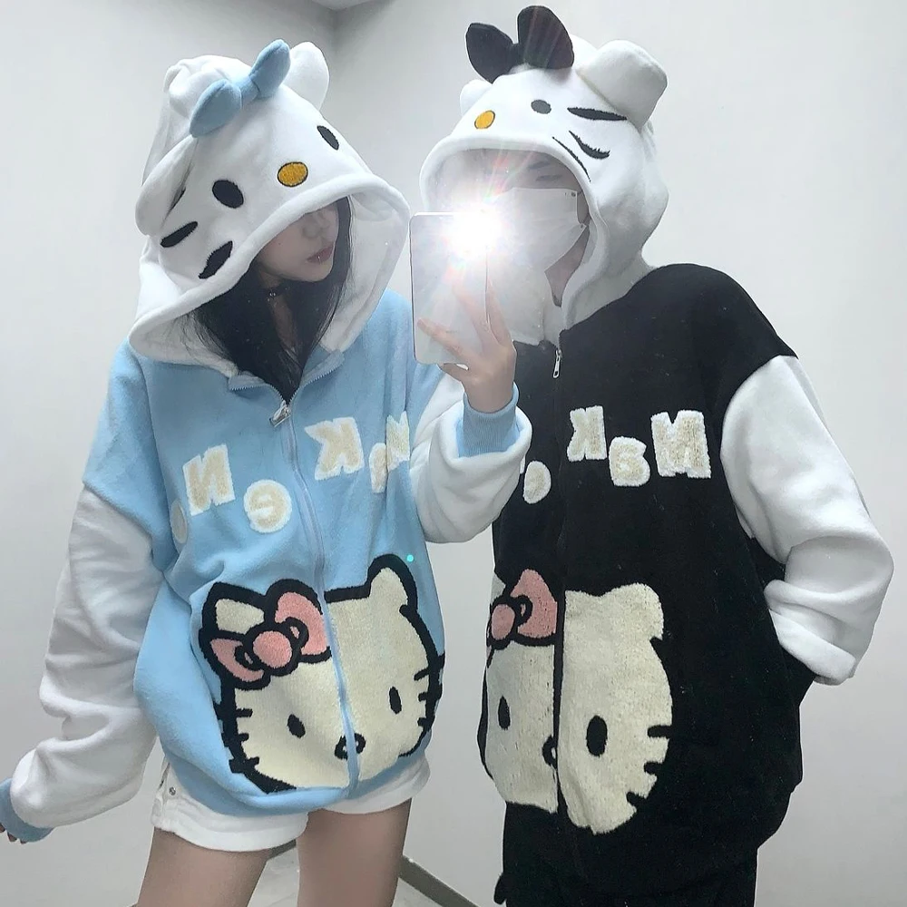 Cartoon Sanrio Hello Kitty Cute Hooded Sweatshirt Autumn and Winter Polar Fleece Zipper Jacket Loose Couple Model Sweatshirt