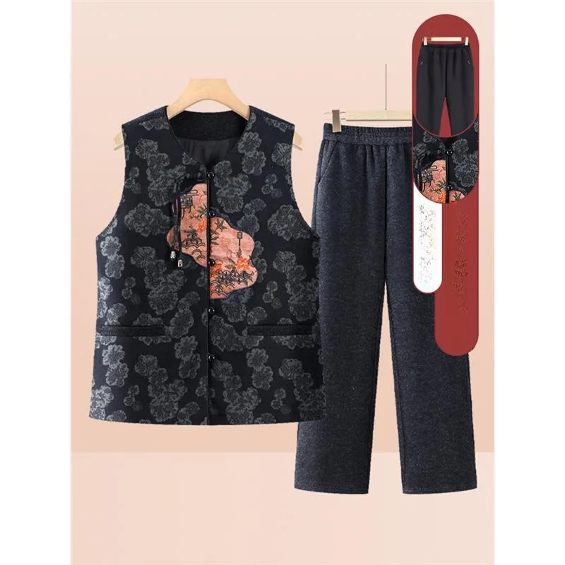 Warm Commuter Sle Women's Vest Set ly Lady Outerwear Mom 80 Years Old andma Autumn Clothes Thiened round Ne Design