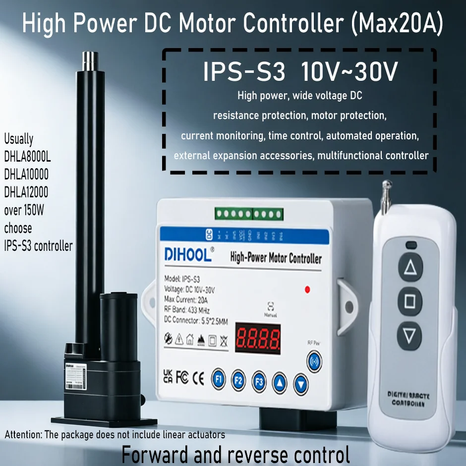 IPS-S3 MAX 20A High Power DC Motor Forward And Reverse Rotation Controller 12V 24V Linear Actuator or Lifting column Control