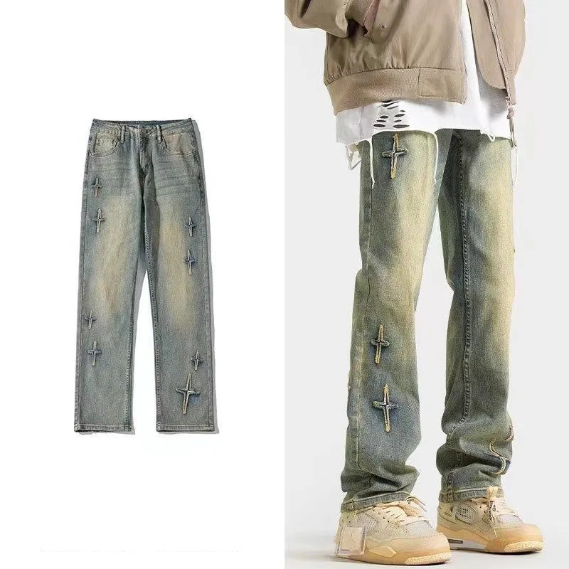 

ICCLEK washed denim jeans distressed jeans yellow jeans star jeans straight leg jeans slim fit jeans men's jeans