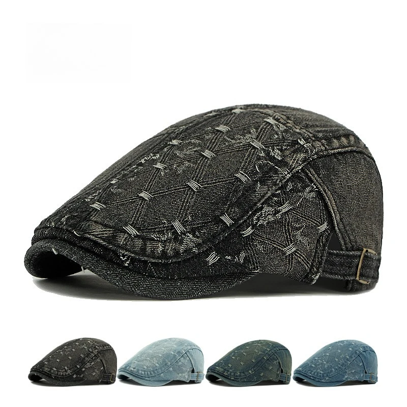 Vintage Stitch Denim Flat Cap British Newsboy Cap Adjustable Metal Buckle Washed Jean Beret Hat for Men Spring Summer Streetwear