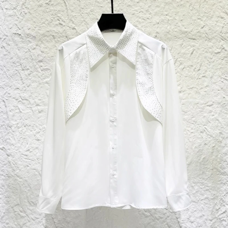 Luxury Rhinestone Decorated Shirt for Men Long Sleeve Stage Performance Costumes Banquet Party Streetwear Shirts Men Clothing