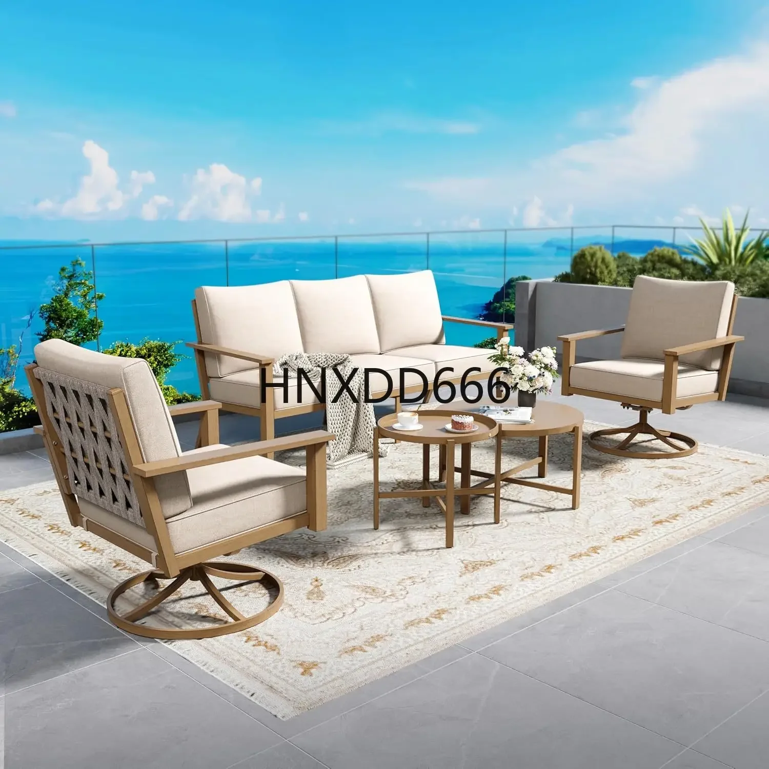 Patio Conversation Set,5 Pcs Metal Outdoor Furniture With 3-Seater Sofa,2 Swivel Chairs,Metal Nested Table And
