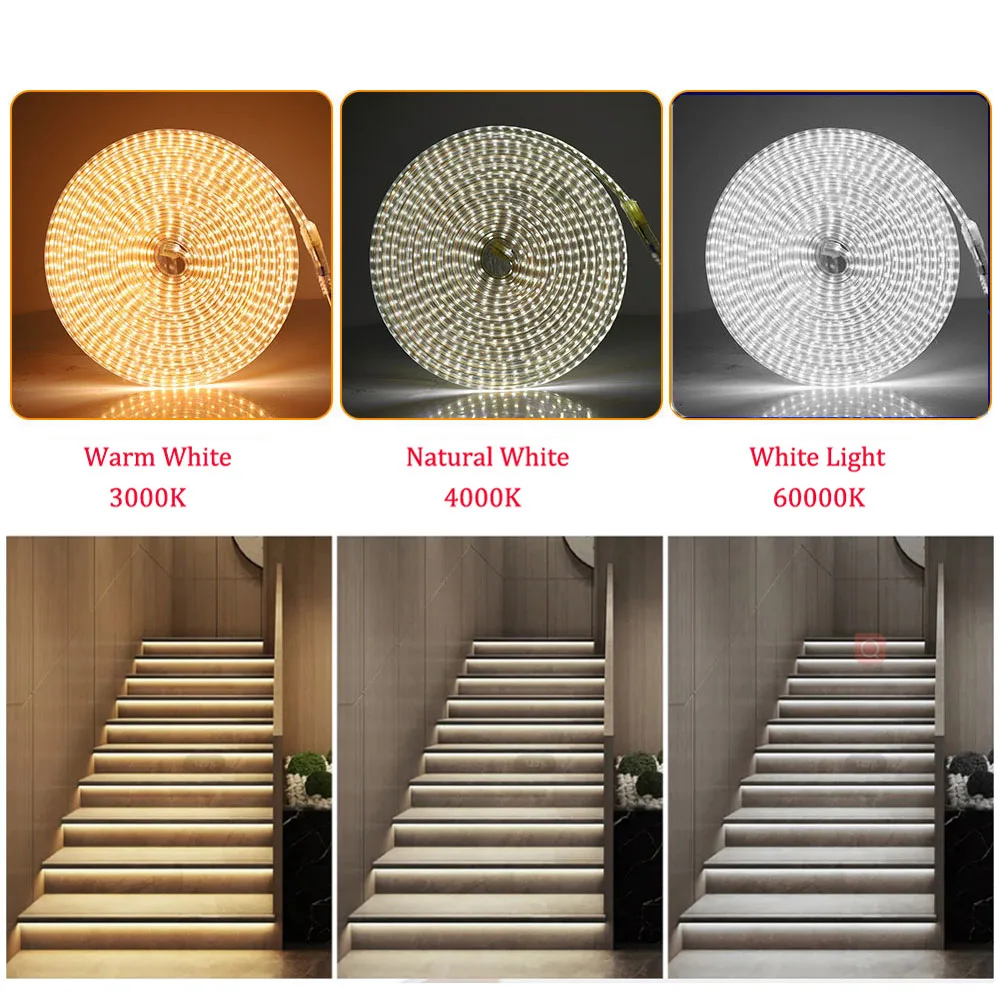 220V LED Strip Waterproof SMD2835 120LEDs/m Tape Light Flexible&Cuttable EU Plug In For Ceiling Stairs Kitchen Garden Home Decor
