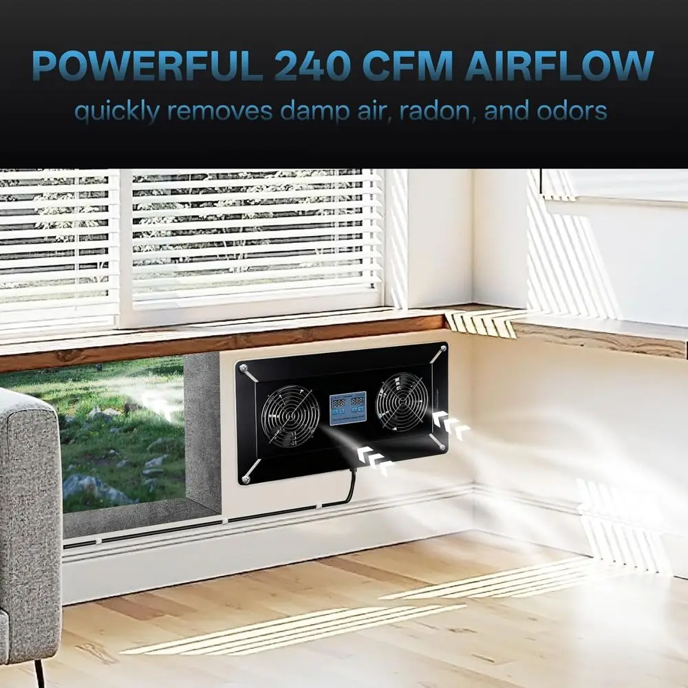 240 CFM Crawlspace Ventilation Fan with Thermostat and Humidistat for Moisture Control, Radon Reduction, and Freeze Protection -
