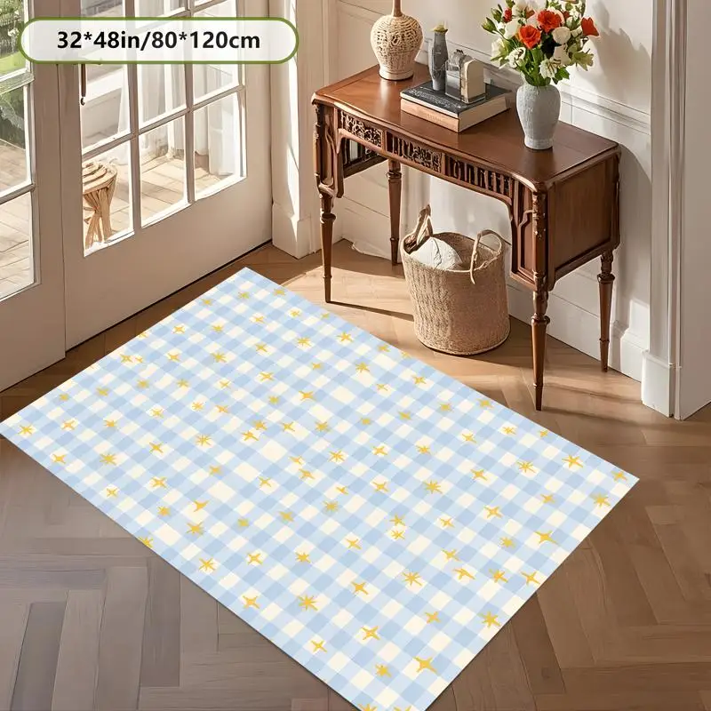 Light Blue Plaid Golden Starburst Rug Soft Velvet Living Room Bedroom Home Decor