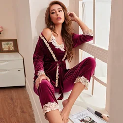 Velvet Pajamas Suit Women Three Pieces Sleep Set With Lace Home Clothes Patchwork Sleepwear Lingerie Autumn Soft Loungewear