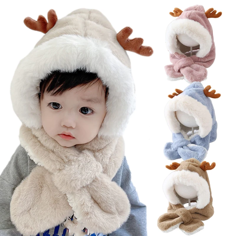 Winter Kids Hat for Boy Girl Cartoon Deer Antler One-Pieces Baby Hats Scarf Soft Plush Infant Windproof Cap Thicken Toddler Caps