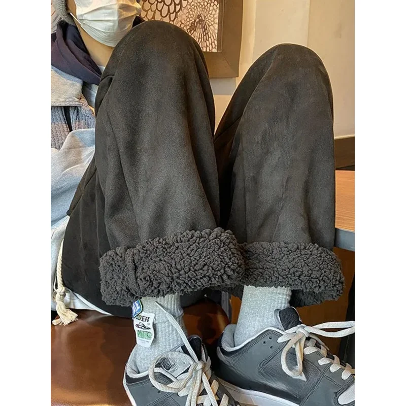 Women's Suede Thickened Straight Leg Pants Korean Style Wide Leg Autumn Winter New Student Fashion Casual Trousers
