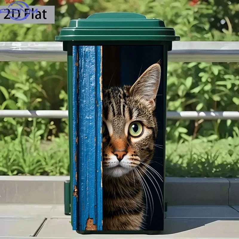 Trash Can Sticker Blue Border Cat Peeking Out Theme Design Wall Sticker Decoration Wallpaper Self-Adhesive Kitchen Trash Can