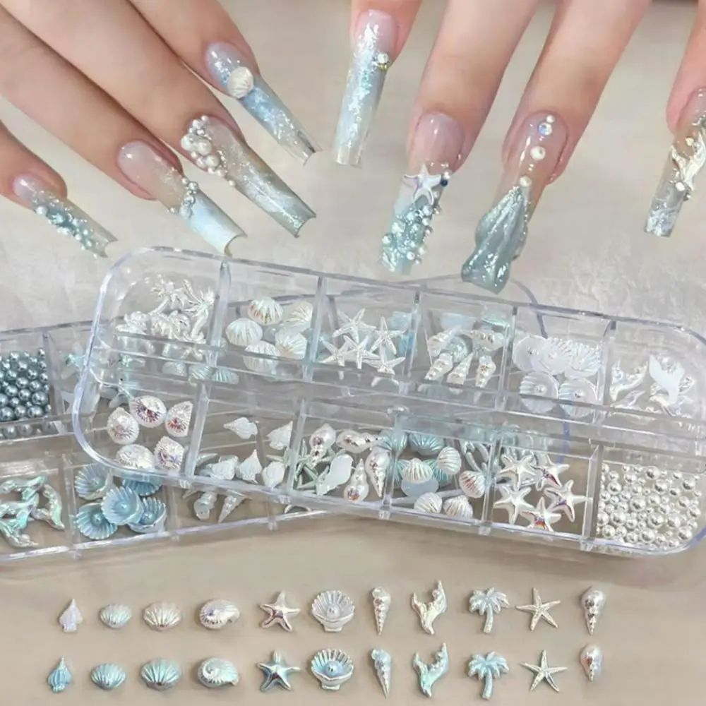 3D Mermaid Conch Ocean Shell Starfish Nail Charms Aurora Iridescent Pearls Craft Nail Decorations Summer Beach DIY Nail Supplies