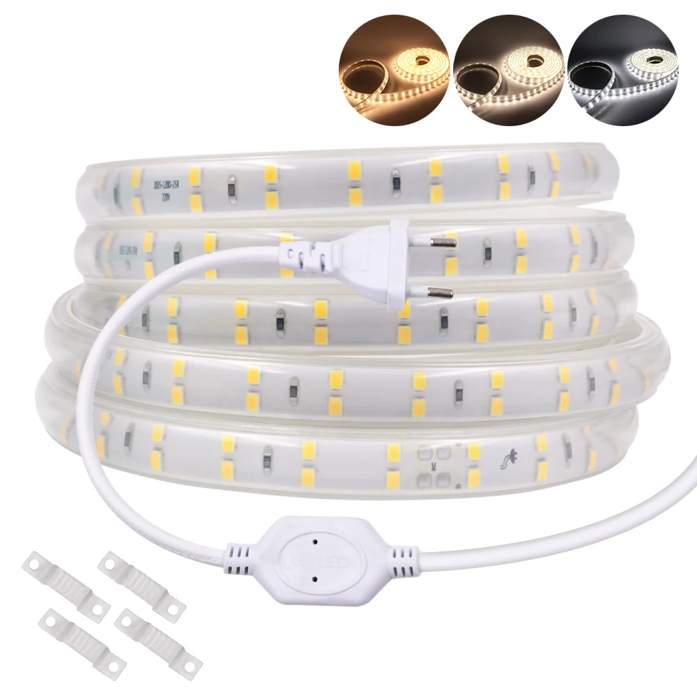 220V LED Strip Lights with Plug 2835 Flexible Ribbon Waterproof LED Strip Tape for Home Kitchen Outdoor Garden Decor Lighting