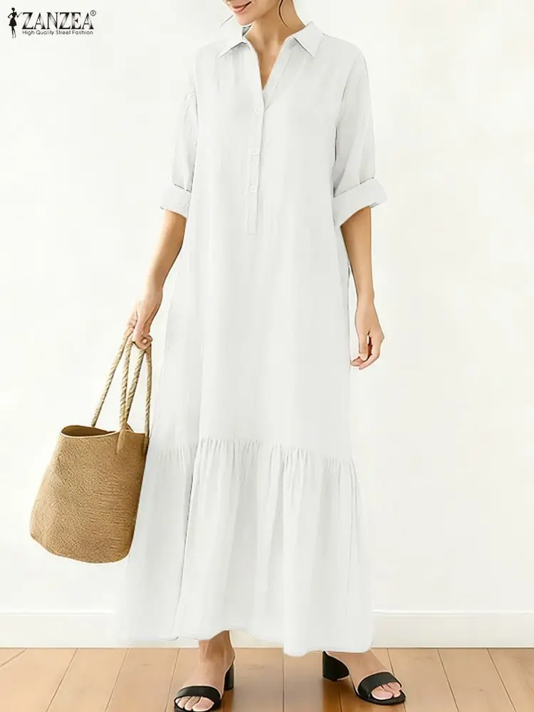 ZANZEA 2025 Autumn Casual Lapel Neck Long Sleeve Dresses Women Fashion Shirt Dress Solid Buttons Midi Robe Elegant Work Sundress