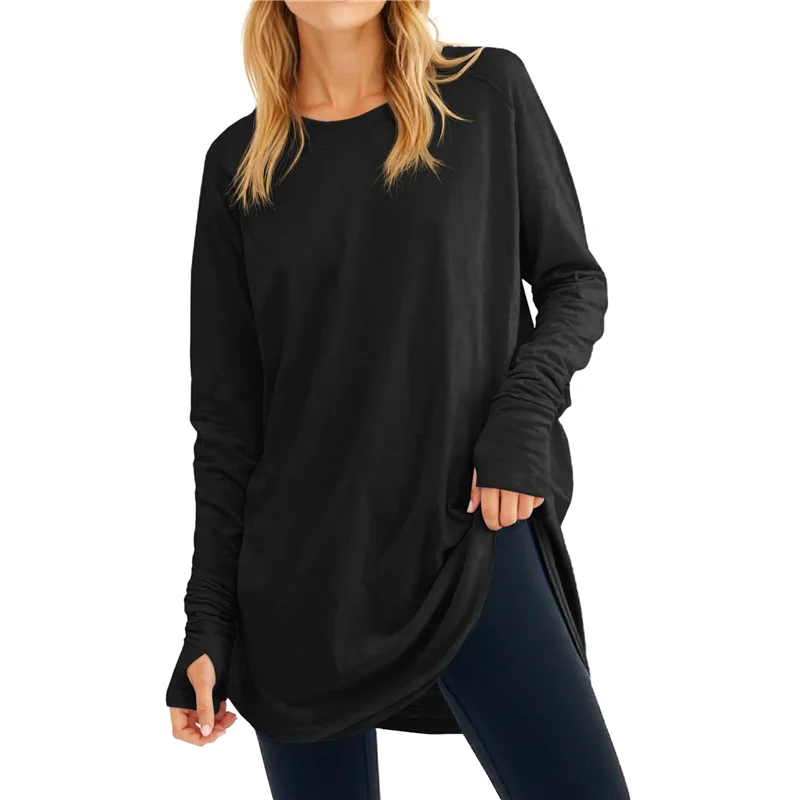 

ASDS-женские модные осенние топы, рубашки большого размера с длинными рукавами и отверстиями для большого пальца, повседневная свободная модная одежда с круглым вырезом