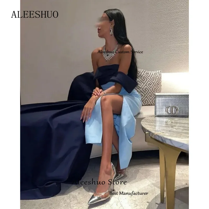 Aleeshuo Elegant Blue Long Pleated Evening Dresses Off The Shoulder Satin Mermaid Sexy Formal Party Dress Side Slit Floor Length