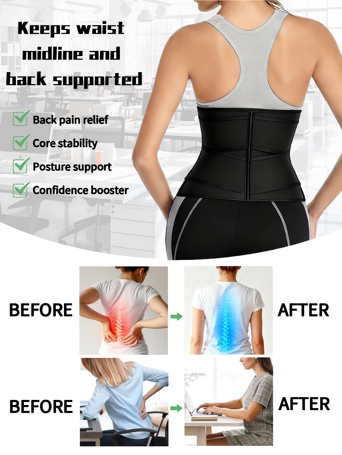 Damski pas wyszczuplający, modelujący sylwetkę z zamkiem błyskawicznym, pas wyszczuplający, czarna bielizna modelująca do fitnessu