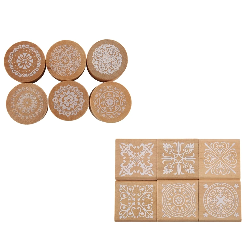 

12Pcs Wooden Stamps Floral Pattern Circles And Squares Decorative Rubber Wooden For DIY Craft Card And Scrapbooking