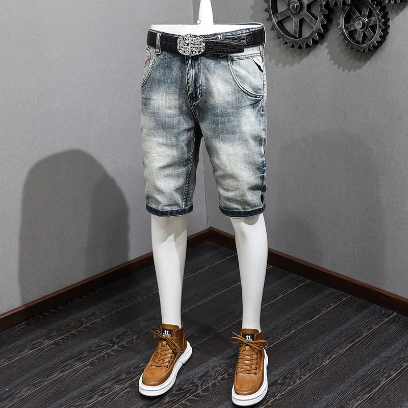 

Summer Retro Denim Shorts Men's Slim Fit Oblique Pocket Korean StyleinsPersonality Nostalgic Street Trend Shorts