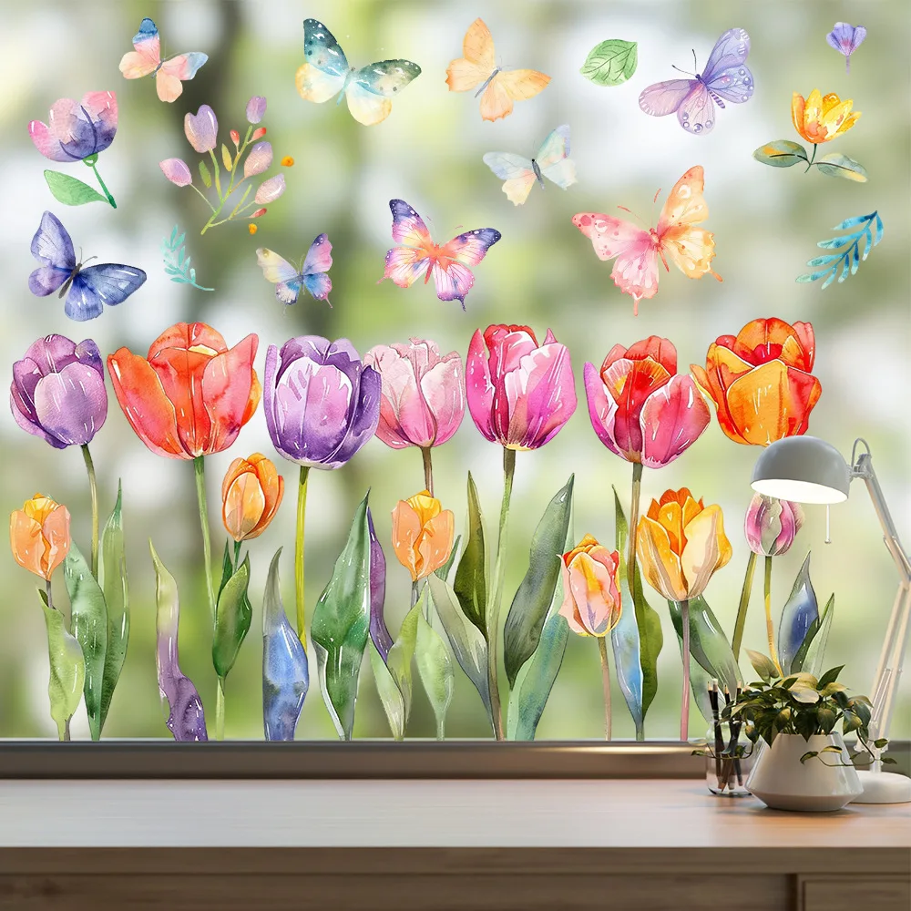 Spring Tulip and Butterfly Floral Pattern Window Stickers Static Cling Decals for Living Room Glass Doors and Windows Decoration