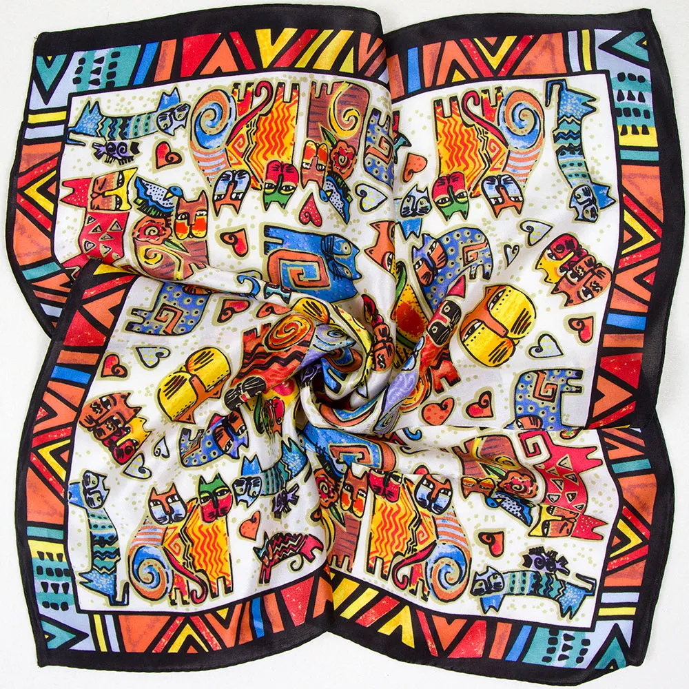 Pañuelo de seda 100% auténtica de 65cm con estampado de gato de lujo para mujer y niño, pañuelo cuadrado personalizado para el cuello, pañuelo para la cabeza, regalos para hombre
