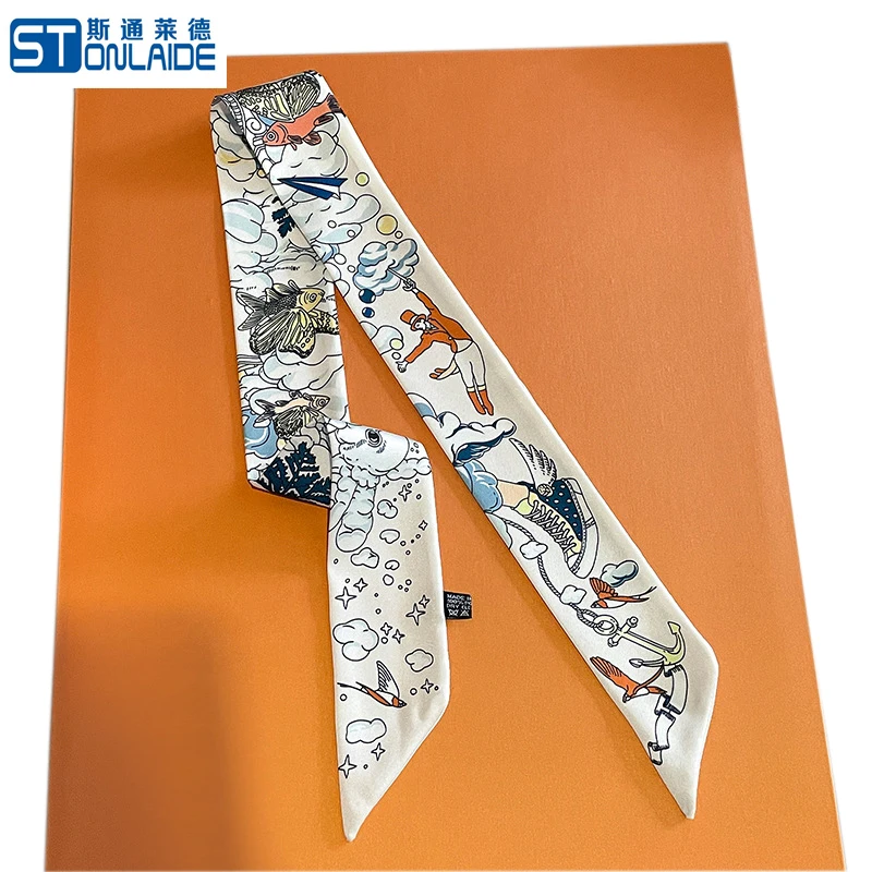 Double-Sided Printing High Quality Twill Silk Neck Scarf For Women Tied Bag Handbag Strip Party Neck Scarf Decorative Hair Bands