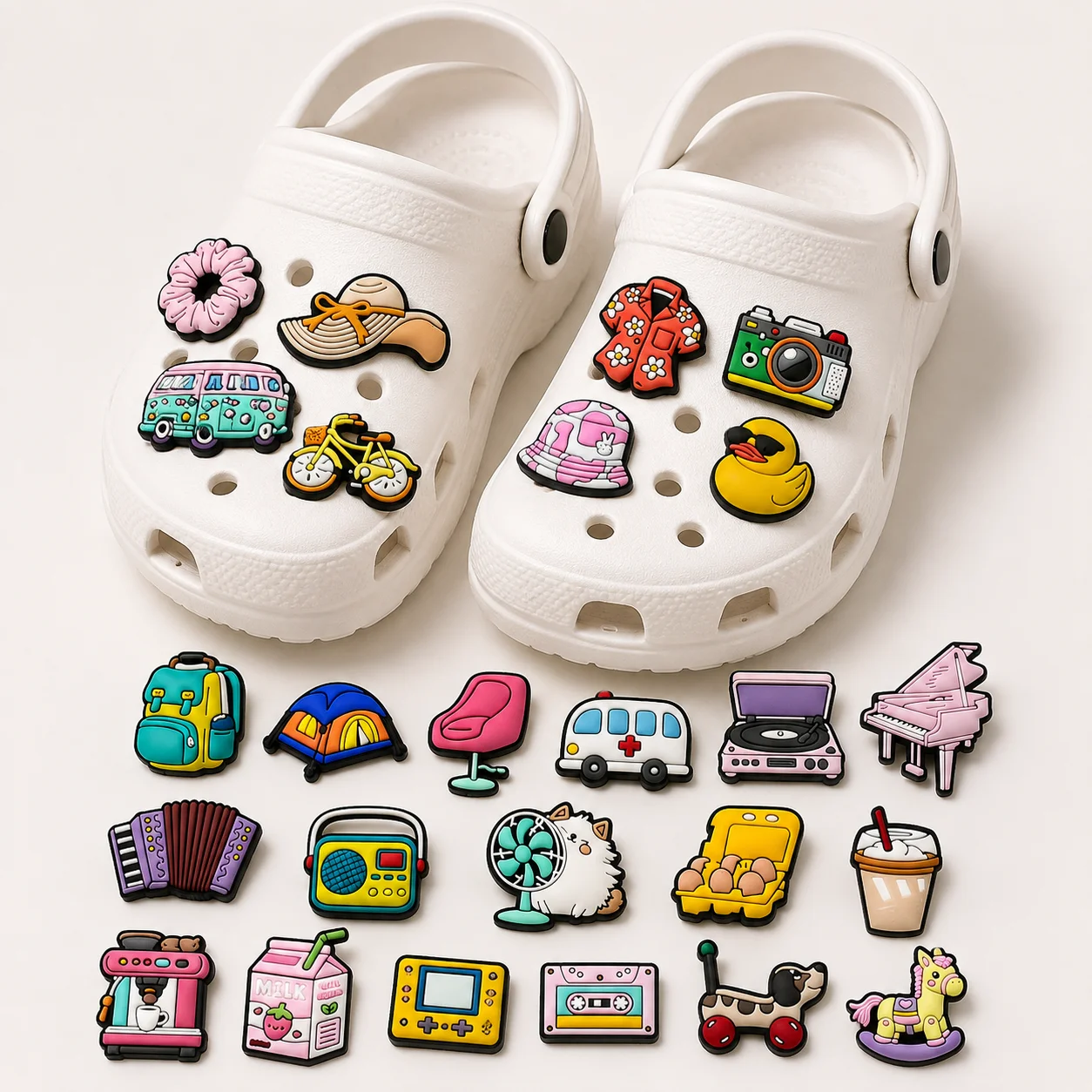 1/30pcs Cute Retro Life Style Shoe Charms Cartoon Coffee Camera Bicycle Shoe Decorations Wristband Ornament Pins for Women Kids