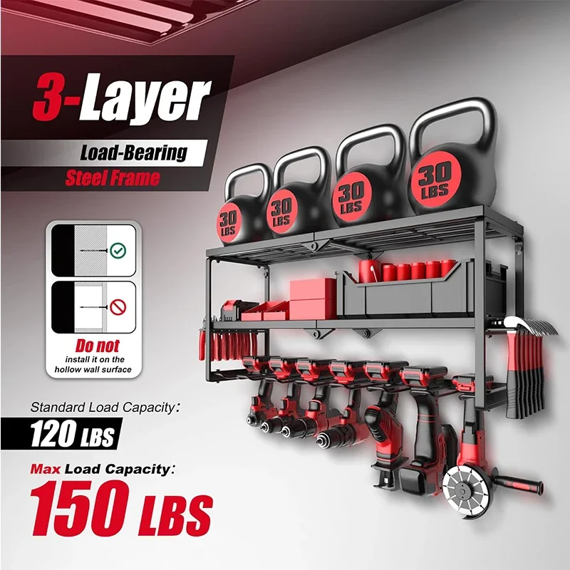 

3-tier design with 7 drill slots and large storage shelves, keeps all your drills, batteries and accessories neatly organized