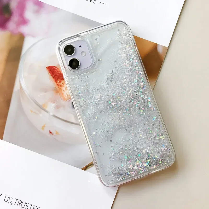 Silver Stars Sand Bright Quicksand for iPhone 13 14 15 Case Cover iPone 16 Pro Max Plus Carcasa Women Glitter Phone Coque Fundas