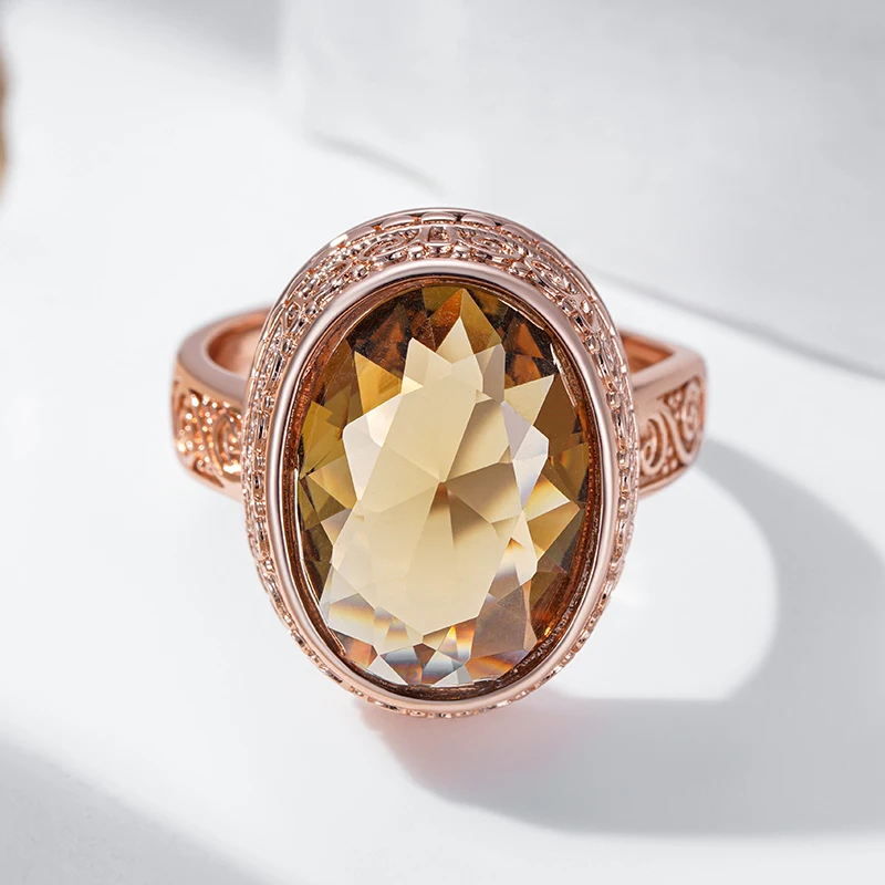 Kinel Hot Shiny Light Brown Natural Zircon Big Ring for Women Fashion 585 Rose Gold Color Vintage Bride Wedding Jewelry 2025 New