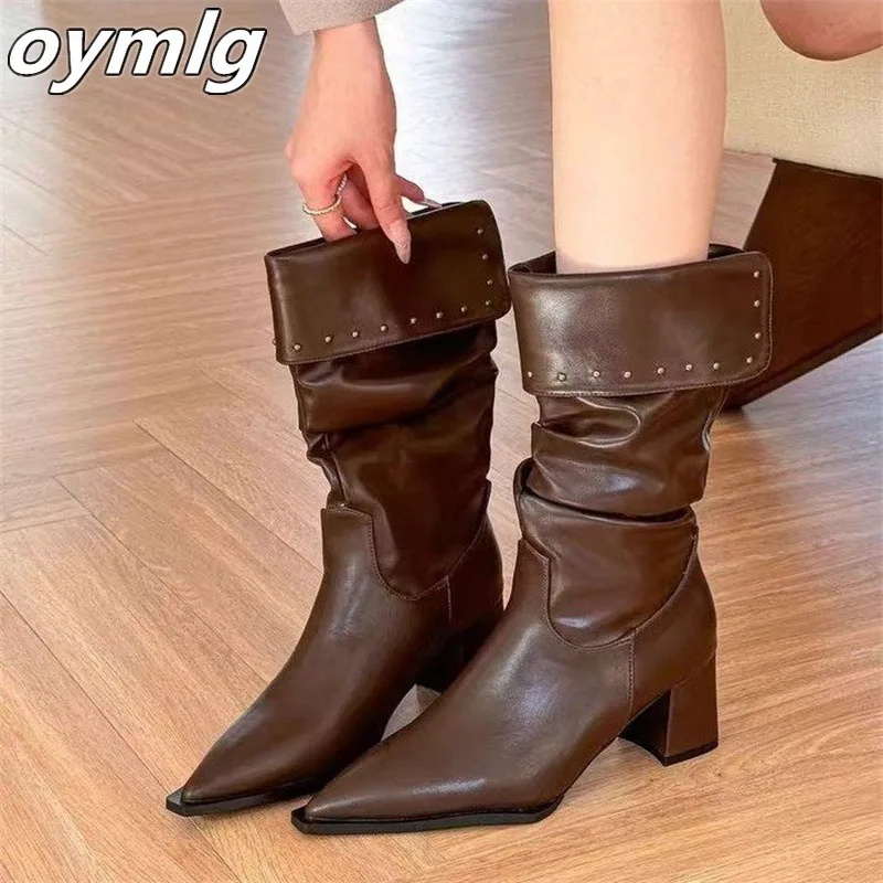 2024Winter New Pointed Fashion Versatile Stacked Boots with High Heels Thick Heels Wrinkles Skinny Look Long Tube Boots