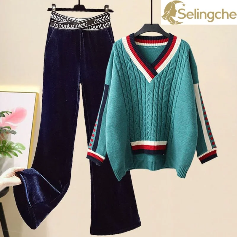 

Fried Dough Twists Pattern Stitching V-neck Knitting Sweater Pullover Cross Wide Leg Pants Two-piece Elegant Women's Pant Set