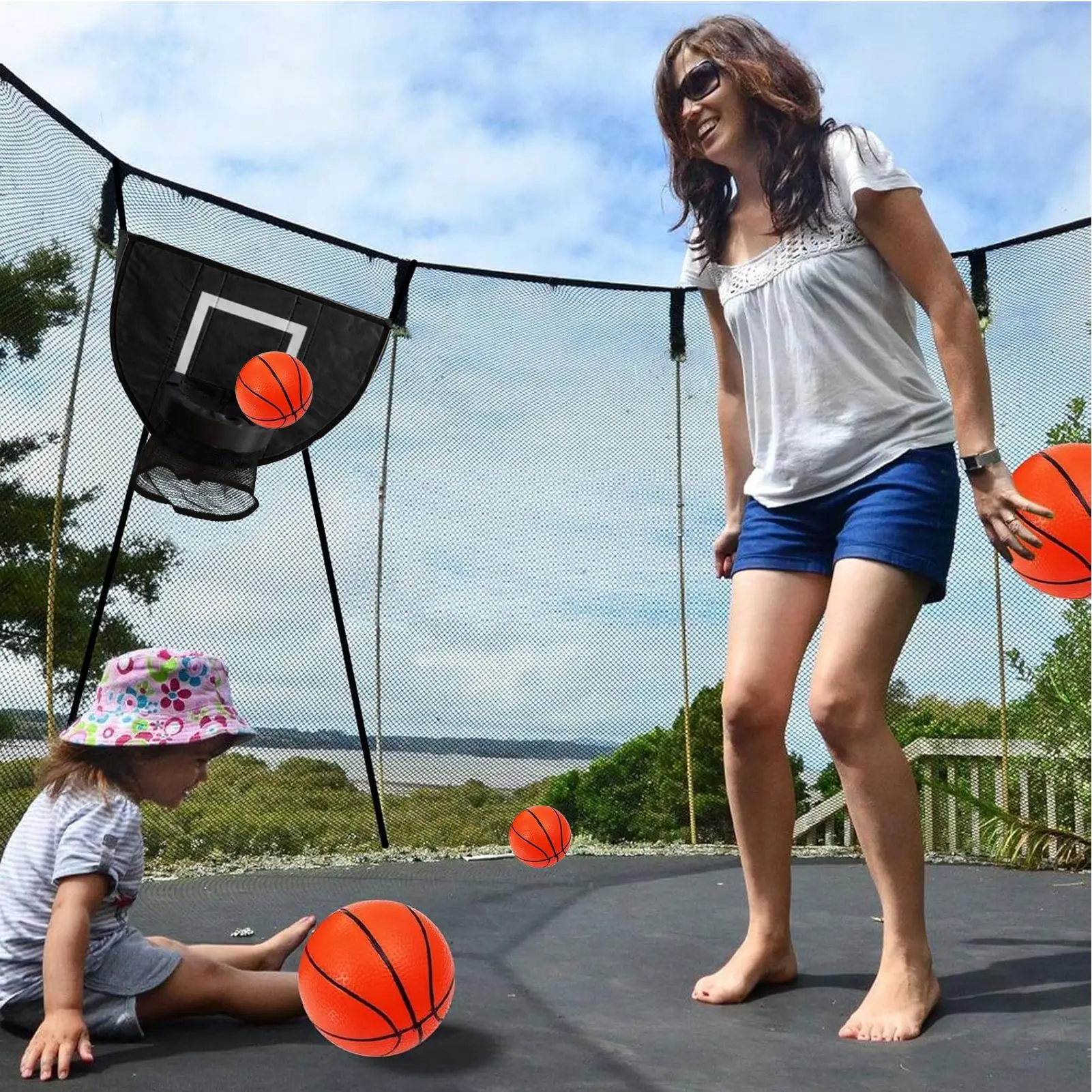 Ring Basket untuk Trampolin Luar Ruangan Dapat Disesuaikan Lembut Ring Rebound Basket dengan 4 Bola Ring Basket Trampolin