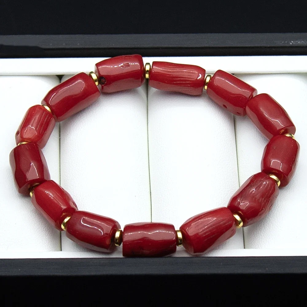 9-14 مللي متر المرجان الطبيعي سوار اللون الأحمر الخرز أسطواني الشكل مع اللون الذهبي خزر عازل الرجال والنساء هدية عيد ميلاد #3