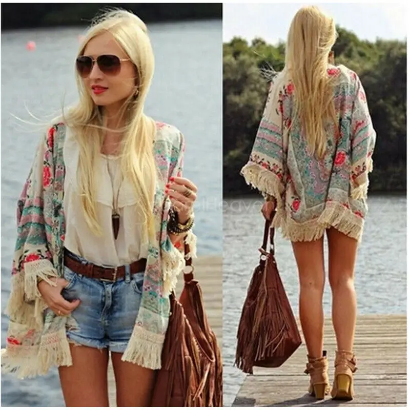 Women Bikini Bohemian Cover Up Floral Printed Bat Sleeve Cardigan Bikini Cover Up Tassel Hem Loose Smock For Swimming Suits S-XL