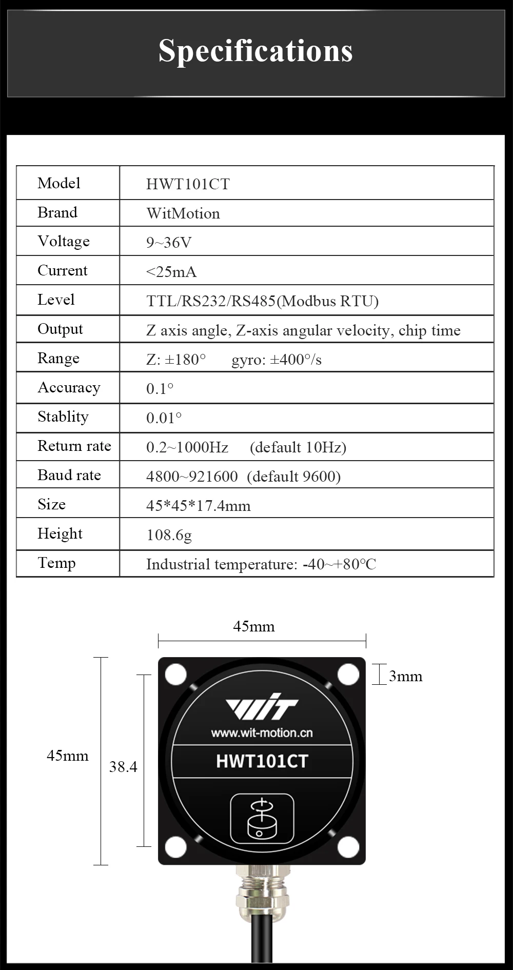 HWT101CT-RS232 Built-in Crystal Gyroscope, High Accuracy for Measuring Z-axis Angle, Anti-Vibration for Robot Application