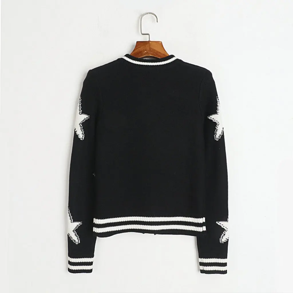 

Women's Black And White Contrast Jacquard Cardigan Long-Sleeved Knitted Star Jacket round Neck Five-Pointed Early Spring