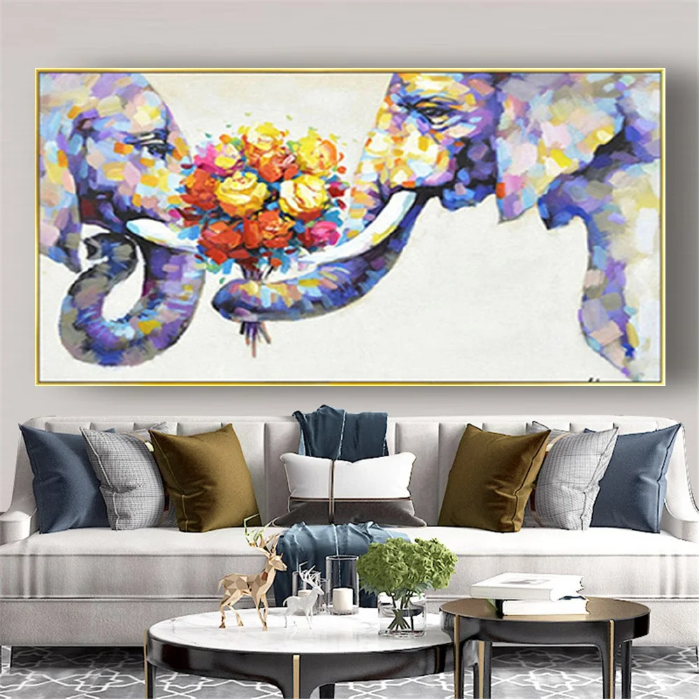 

100% Hand-Painted Modern Propose Marriage Oil Painting Couple Elephant Poster Love Art Artwork Canvas Wall Decor Drawing Wedding