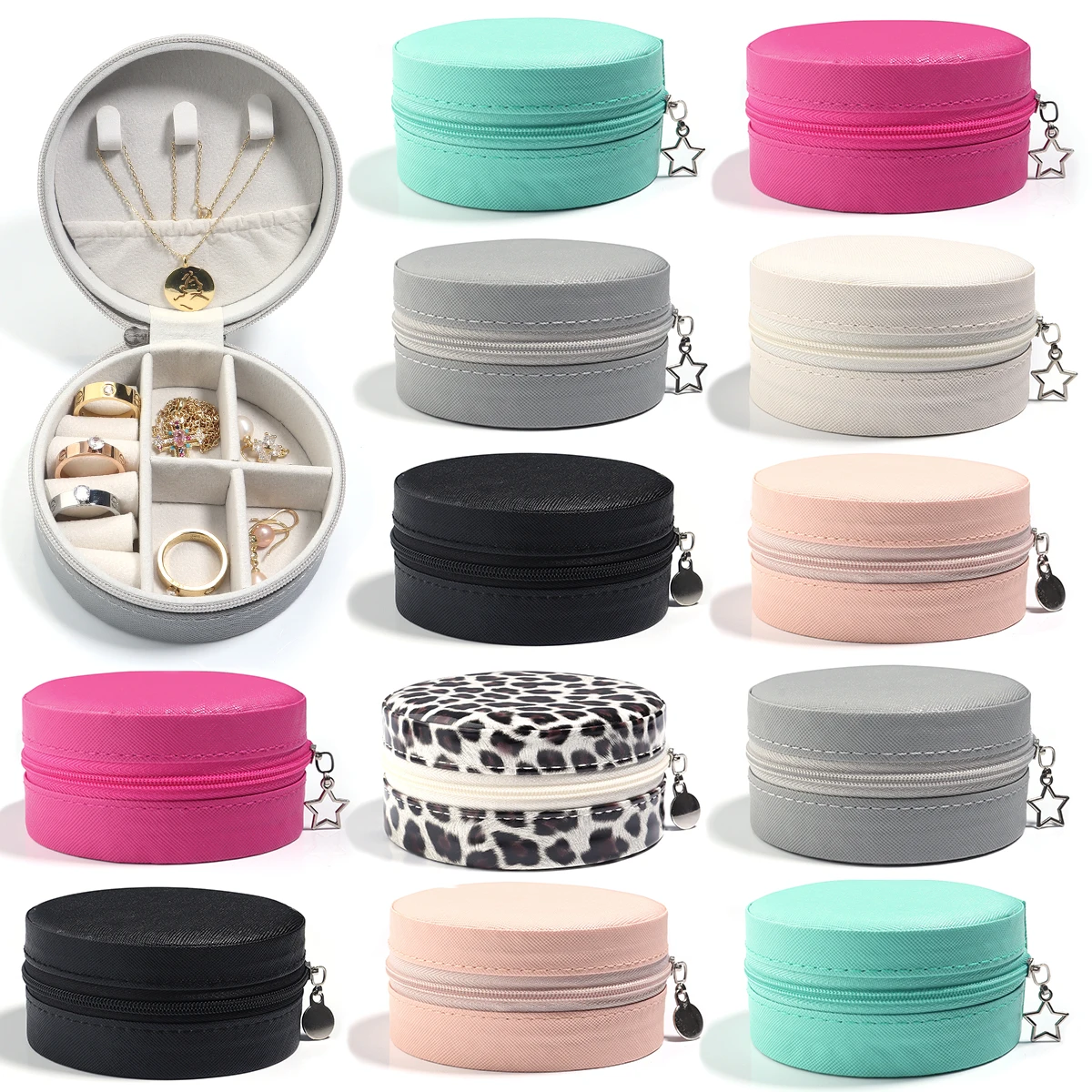 

Portable Round Jewelry Box Necklaces Earrings Rings Jewelry Organizer Display Travel Jewelry Case Boxes PU Leather Storage Box