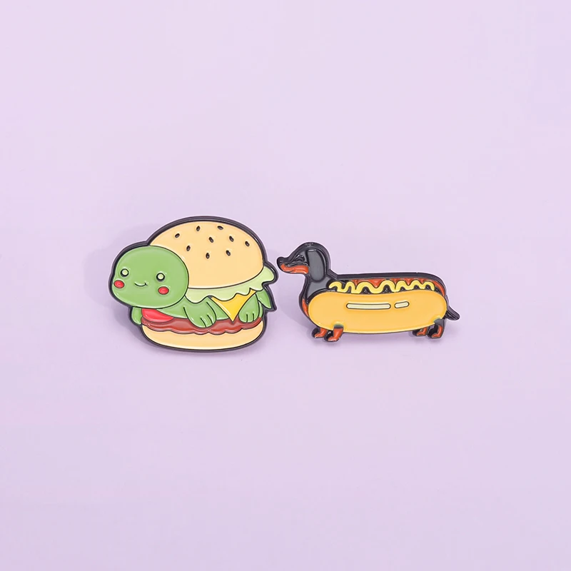 Cute Sausage Dog and Hot Dog Enamel Pins Cartoon Turtle Burger Funny Foods Brooches Lapel Badge Fashion Jewelry Gift for Friends