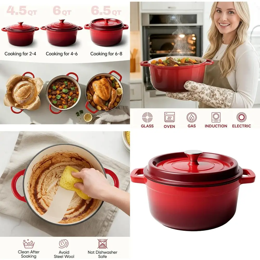 

Enameled Cast Iron Dutch Oven, 6.5 Qt, Non-Stick, Oven-Safe up to 500°F, Ideal for Baking Bread, Roasting, and Stews, Red