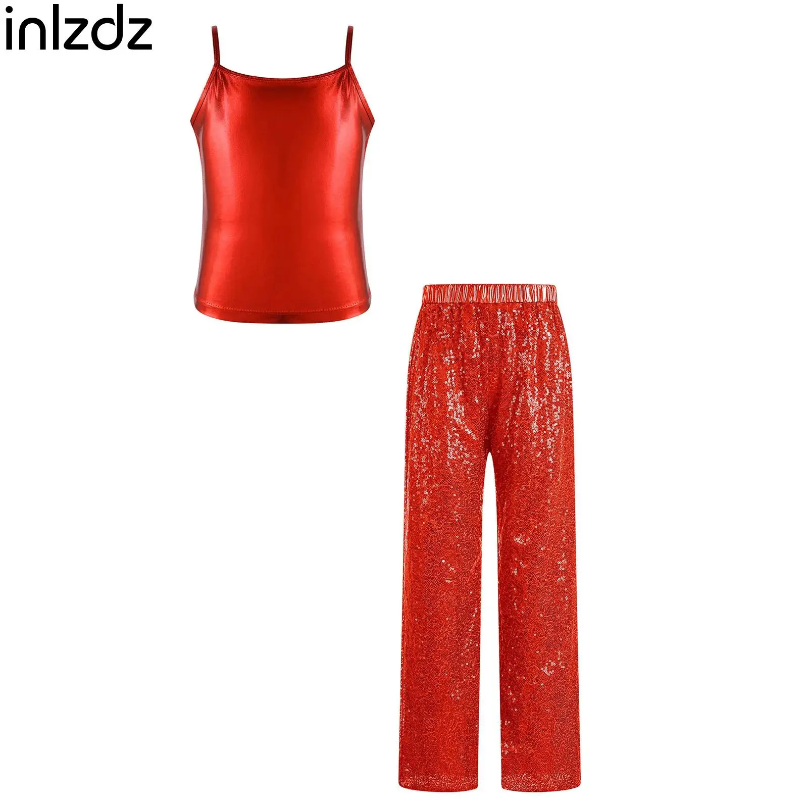 

Sparkling Sequin Jazz Dance Outfit for Girls Spaghetti Shoulder Metallic Camisole with Pants for Disco Street Dance Performance
