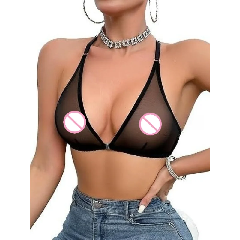Damen Sexy BHs Tops Mesh Unterwäsche Unsichtbarer Vorderverschluss-BH Sommer Dünne Push-Up-Weste Tiefer V-Ausschnitt Transparente Erotische Lingerie